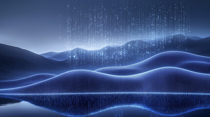Poster - futuristic digital landscape with glowing blue waves and binary code rain creates serene and technological atmosphere
