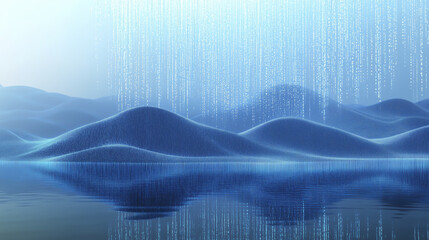 Poster - serene digital landscape with flowing blue hills and cascading light patterns creates futuristic and tranquil atmosphere. reflection on water adds depth to scene