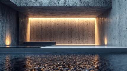 Wall Mural - Serene Minimalist Concrete Room Warm Light Reflecting Water. AI Generated