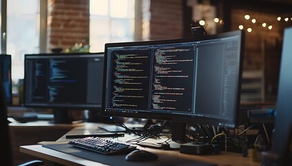 Poster - Modern office workspace, coding on computer screens