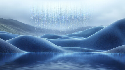 Poster - serene digital landscape features rolling blue hills and reflective water surface, with cascade of binary code raining from sky, evoking futuristic and tranquil atmosphere