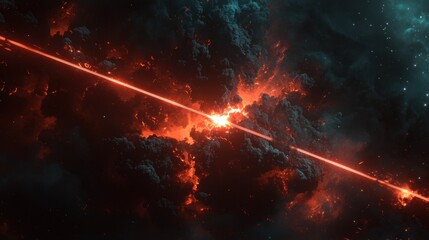 Aufkleber - Neon red and blue laser lights streak across a dark, smoky concert stage, creating a high-energy visual.