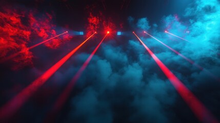 Poster - Powerful red and blue laser beams cross, forming geometric patterns in a smoky concert environment.