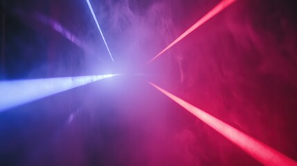 Poster - Pulsing red and blue laser lights fill the air, enhanced by swirling smoke in a dark concert venue.