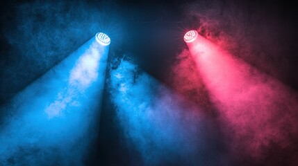Aufkleber - Red and blue laser beams flash across a concert stage, their glow intensified by thick swirling smoke.