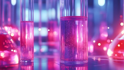 Poster - Neon lab glassware experiment with colorful liquids