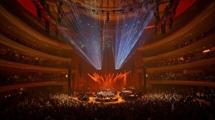 Poster - Red and blue laser lights illuminate a smoky concert hall, producing an electrifying and immersive background.