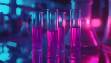 Poster - Neon lab test tubes with magenta liquid in focus