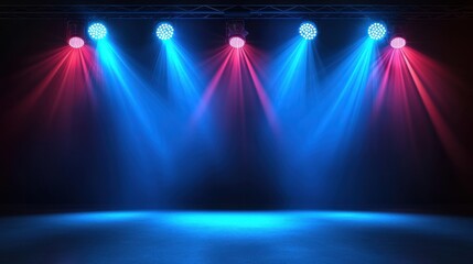 Poster - Red and blue laser lights illuminate a smoky concert hall, producing an electrifying and immersive background.