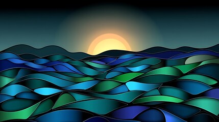 Wall Mural - Serene Sunset Landscape Abstract Teal Green Blue Waves. AI Generated