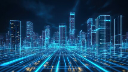 Wall Mural - Futuristic cityscape with glowing lines and digital elements.