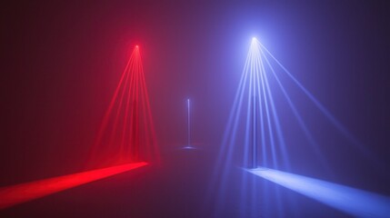 Leinwandbilder - Red and blue laser lights pierce through a foggy stage, producing an intense and immersive concert backdrop.