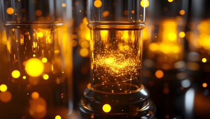 Aufkleber - Golden glowing structures, lab glassware, bokeh,  abstract background