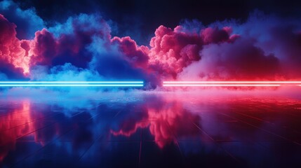 Aufkleber - Red and blue lasers flash across a dark stage, their beams reflecting off swirling clouds of smoke.