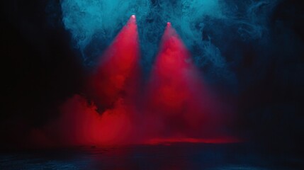 Aufkleber - Red and blue lasers flash across a dark stage, their beams reflecting off swirling clouds of smoke.