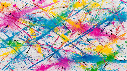 Poster - Expressive Acrylic Paint Splashes on White Backdrop Creating a Vivid Colorful Abstract Composition