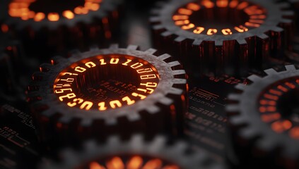 Aufkleber - Gears with glowing binary code;  circuit board background.  Stock photo