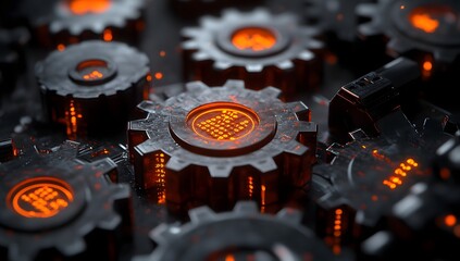 Poster - Complex gears, data processing, dark tech, futuristic
