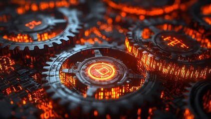 Poster - Burning gears, cryptocurrency, digital economy, abstract technology