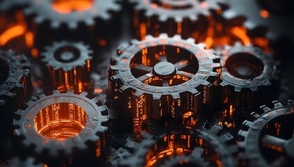 Poster - Fiery gears meshing in intricate mechanism
