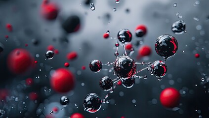 Poster - Abstract molecular structure, red and black spheres, in mid-air, with blurred background