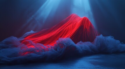 Poster - Vivid red and blue laser beams form intricate patterns, cutting through fog on a concert stage.