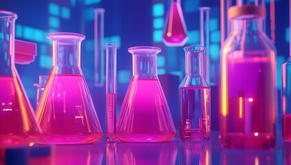 Poster - Neon lab glassware, pink liquids, futuristic science background