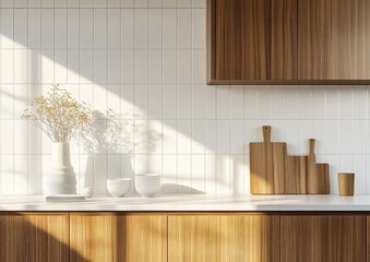 Poster - Modern kitchen countertop with sunlight, decor, and wooden cabinets