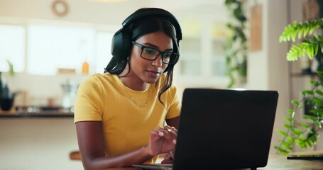Poster - Headphones, coder and laptop with woman at home for freelance developer, gaming programmer and research. Gameplay database, character design and remote software engineer with person and typing