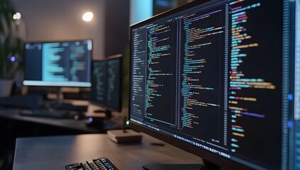 Poster - Night coding session, multiple screens, software development, office