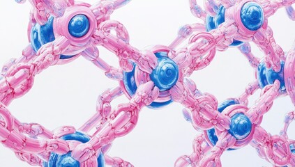 Poster - Pink & blue molecular structure, 3D render, white background, scientific illustration