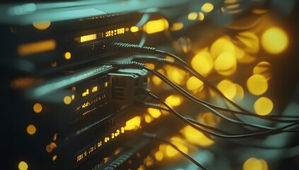 Poster - Futuristic server rack, cables, glowing light, data center