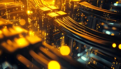 Poster - Futuristic server network, intricate cables, glowing nodes, city-like structure