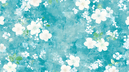 Poster - Floral Watercolor Pattern with Soft White Blossoms on a Turquoise Background for Springtime Decor