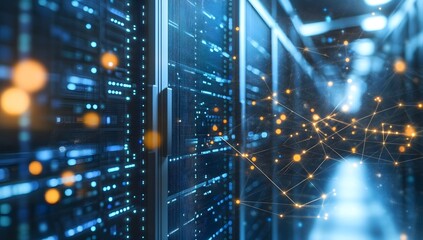 Poster - Server room network connection;  digital data flow in a data center