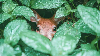 Wall Mural - Fawn hiding in lush green foliage, rainforest background, wildlife photography