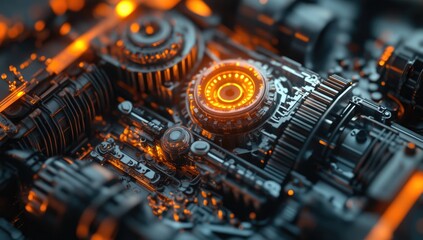 Poster - Complex Gears, Orange Glow, Engine, Futuristic Design