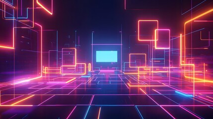 Wall Mural - Neon lit grid with floating squares creating virtual reality