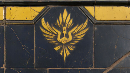 Poster - Golden Emblem Tile Art Deco Style Mural Detail with Floral Winged Motif on Dark Wall Background