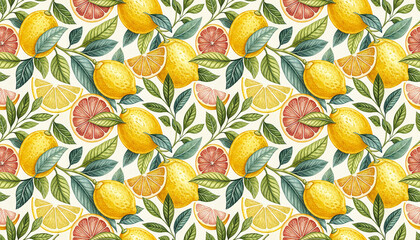 Hand drawn watercolor colorful lemon fruit citrus slices, leaf seamless pattern summer background