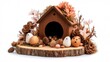 © Stocker - Spring-themed birdhouse with colorful eggs and flowers on a white background. Generative AI