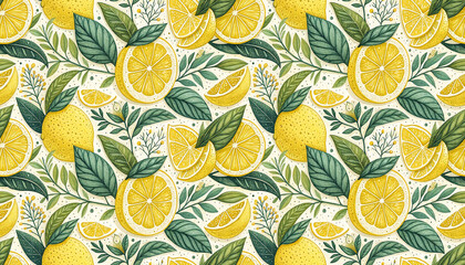 Hand drawn watercolor colorful lemon fruit citrus slices, leaf seamless pattern summer background