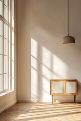 Sticker - Sunlight streams into minimalist room, wooden cabinet, hardwood floor, interior design