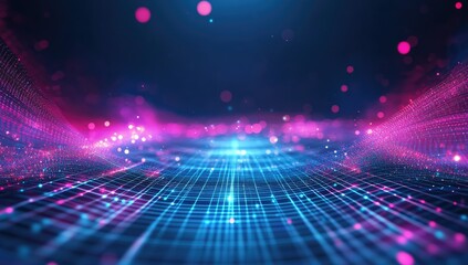 Aufkleber - Abstract digital network, futuristic landscape, glowing particles, technological background