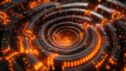 Poster - Abstract futuristic swirling mechanism with glowing orange rings