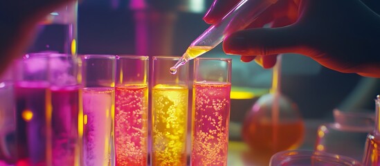 Poster - Lab experiment, adding liquid to test tubes, colorful chemical reaction