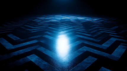 Poster - Luminous Zigzag Pattern in Low Light Depicting Abstract Blue Floor Illuminated by Faint Glow