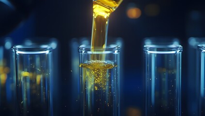 Poster - Lab test tubes, liquid pouring, scientific research, glowing background