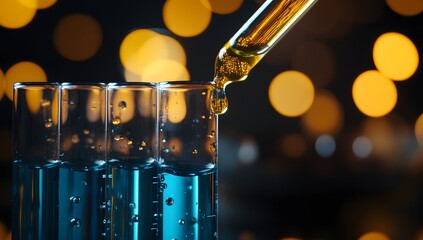 Poster - Lab test tubes, liquid dripping, bokeh background