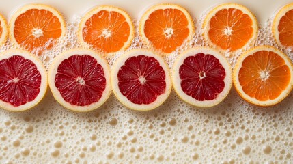 Wall Mural - Vibrant citrus slices float gently on creamy foam showcasing a delightful color contrast. AI Generated